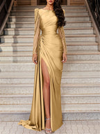 Long Sleeve Satin Prom Dress With Mermaid Train Jewel Neck Ruched Slit