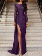 Long Sleeve Satin Prom Dress With Mermaid Train Jewel Neck Ruched Slit