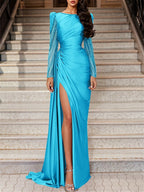 Long Sleeve Satin Prom Dress With Mermaid Train Jewel Neck Ruched Slit