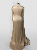 Long Sleeve Satin Prom Dress With Mermaid Train Jewel Neck Ruched Slit