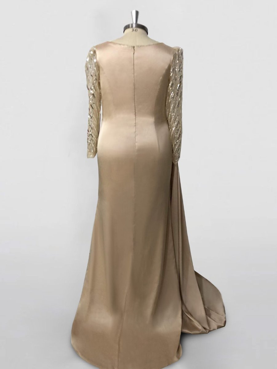 Long Sleeve Satin Prom Dress With Mermaid Train Jewel Neck Ruched Slit