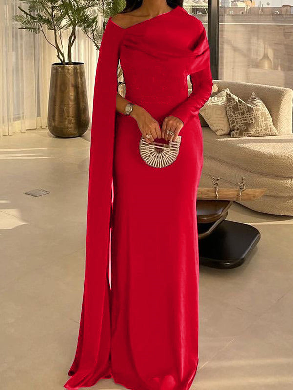 Long Sleeve Satin Floor Length Sheath Dress for Mother of the Bride or Prom