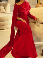 Long Sleeve Satin Floor Length Sheath Dress for Mother of the Bride or Prom