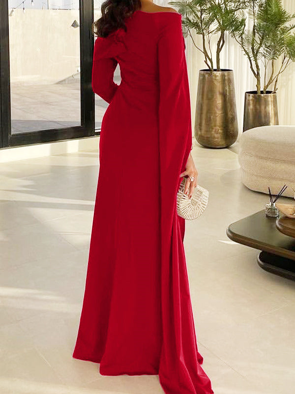 Long Sleeve Satin Floor Length Sheath Dress for Mother of the Bride or Prom