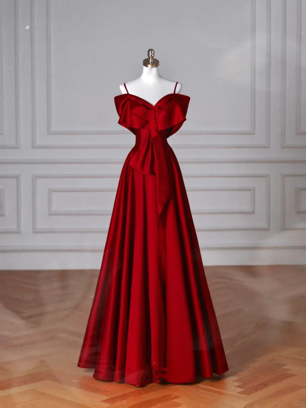 Abito da sera rosso in raso con scollo a barca, fiocco, linea a trapezio Y8626