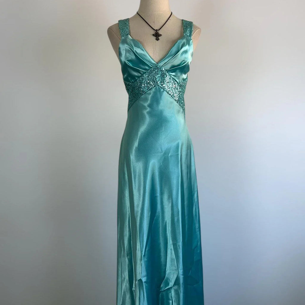 Blue V Neck Satin Sequin Formal Prom Dress Backless Evening Dress Y8548
