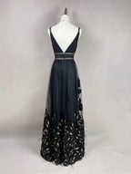 Splendido abito da sera nero in tulle con piume d'oro in seta a linea ad A, abito formale da ballo Y8652