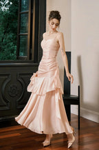 Vestido de Noite Sereia em Cetim com Alças Doce Coração Rosa Doce Vestido Longo de Baile Y8092