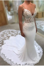 Roycebridal Glamorous Spaghetti-Straps Lace Wedding Dress Mermaid Bridal Gowns