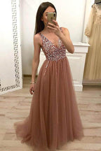 Tulle Beaded Dusty Rose Prom Dress With Lace Up Evening Dress