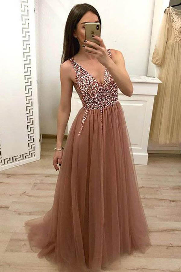 Tulle Beaded Dusty Rose Prom Dress With Lace Up Evening Dress