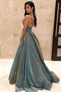 V-neck Sparkly Satin Long Prom Dresses with Pockets,Cross Back Evening Dresses