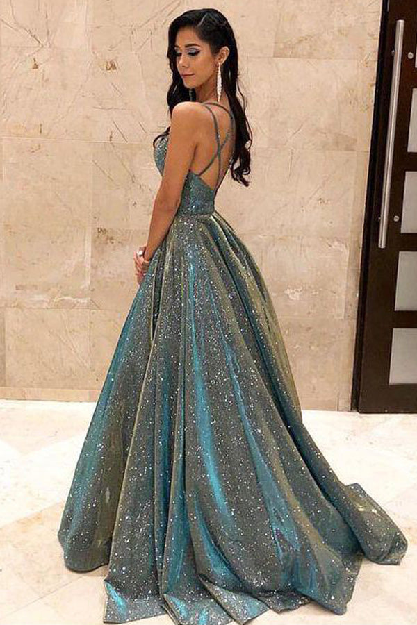 V-neck Sparkly Satin Long Prom Dresses with Pockets,Cross Back Evening Dresses