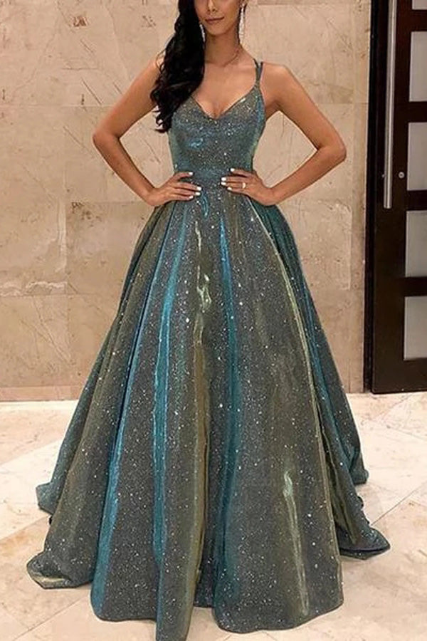 V-neck Sparkly Satin Long Prom Dresses with Pockets,Cross Back Evening Dresses