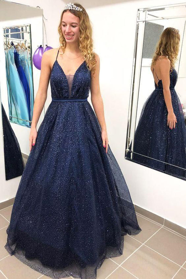 Vestido de Baile Brilhante com Decote em V, Costas Abertas e Alças Finas Azul-Marinho, Vestidos Elegantes para Noite