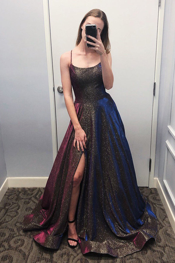 Sparkly Ball Gown Scoop Spaghetti Straps Slit Prom Dresses, Unique Party Dresses with Pockets