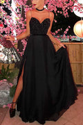 Spaghetti Straps Black Long Prom Dresses Beading Evening Dresses Split