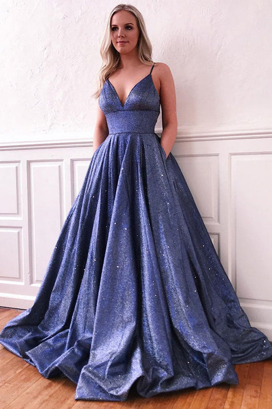 Vestido de fiesta brillante de corte A, escote en V profundo, tirantes finos, cola larga y bolsillos