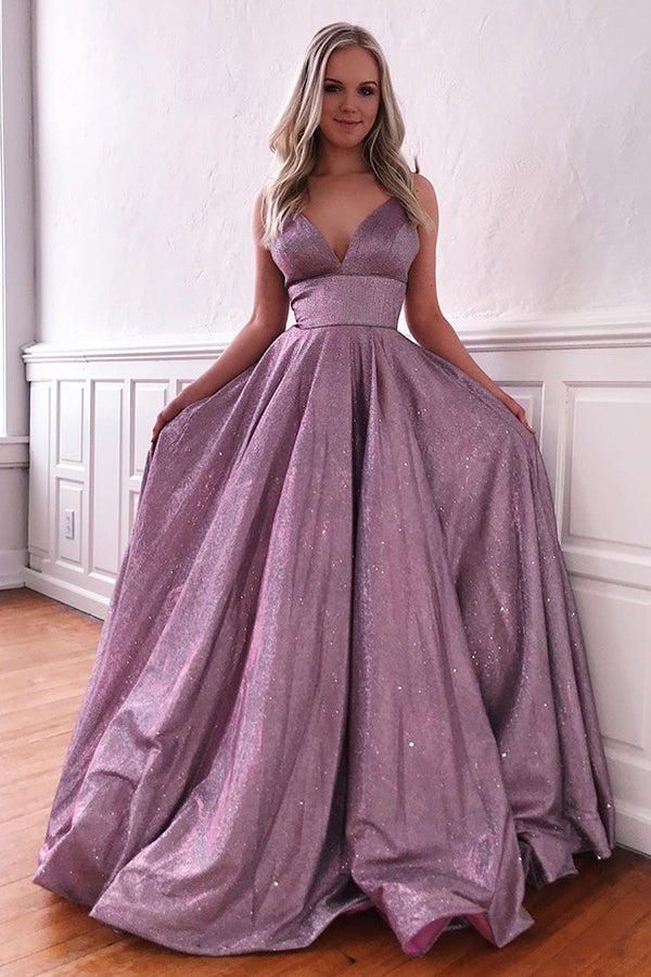 Sparkle A-line Deep V-neck Spaghetti Straps Sweep Train Prom Dress with Pockets