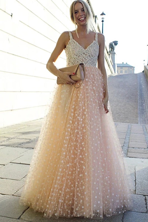 Vestidos de fiesta brillantes, corte A, tirantes, abalorios, largo, hermoso, vestido de noche