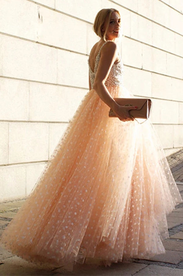 Vestidos de Baile Brilhantes Linha A com Alças Bordadas Vestido Longo e Belo para Baile Vestido de Noite