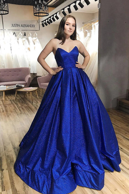 Sparkle Royal Blue Tulle Strapless V-neck A-Line Prom Dress with Pockets
