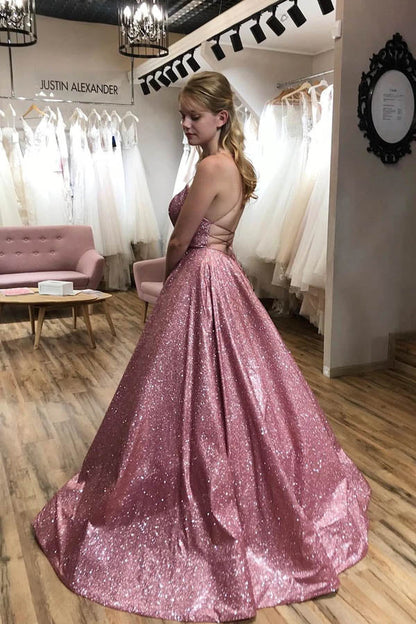 Sparkle  A-line Scoop Spaghetti Straps Sweep Train Prom Dress with Pockets