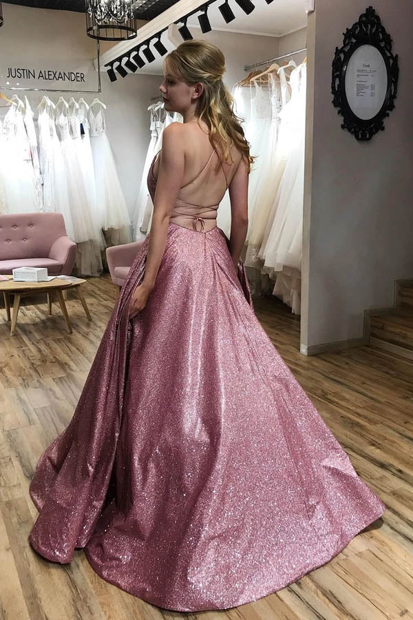 Sparkle  A-line Scoop Spaghetti Straps Sweep Train Prom Dress with Pockets