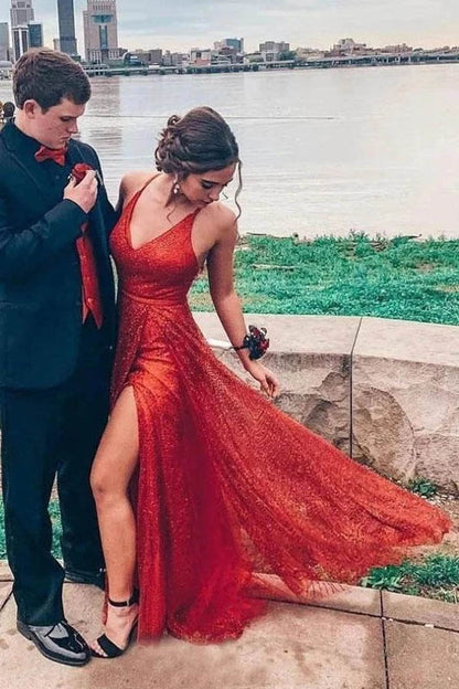 Vestido largo rojo de fiesta/formal con escote en V, espalda descubierta y corte A, brillante, con abertura