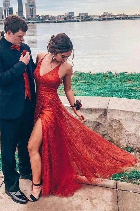 Vestido largo rojo de fiesta/formal con escote en V, espalda descubierta y corte A, brillante, con abertura