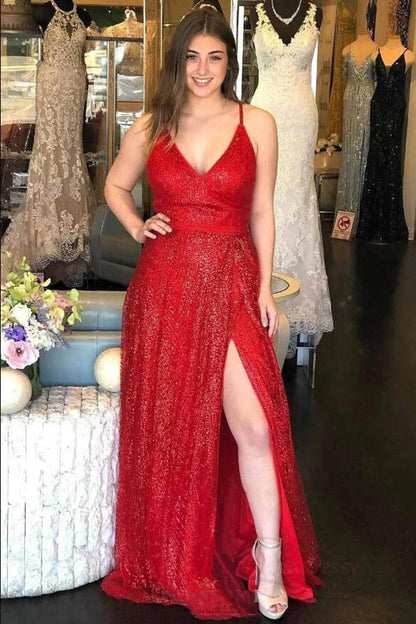Vestido largo rojo de fiesta/formal con escote en V, espalda descubierta y corte A, brillante, con abertura