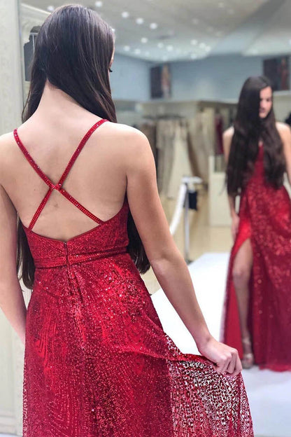 Vestido largo rojo de fiesta/formal con escote en V, espalda descubierta y corte A, brillante, con abertura