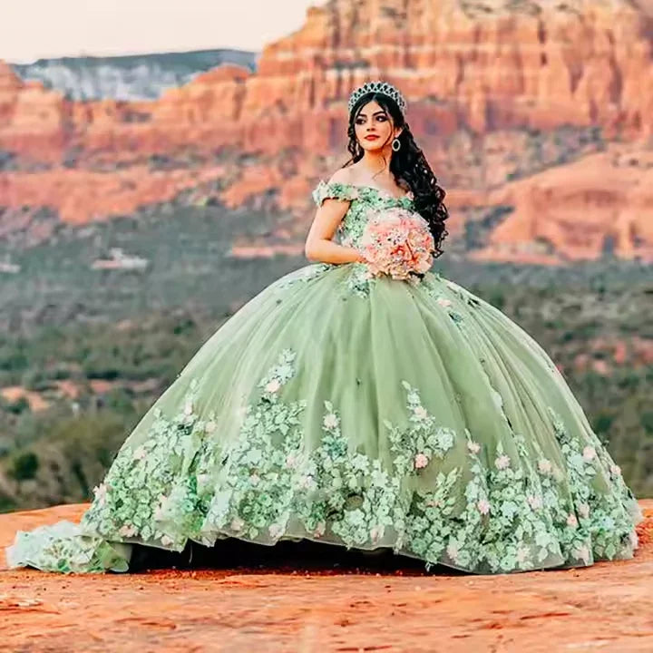 Robes de quinceañera vert sauge clair Robe de bal florale pour concours Sweet 16 Y2063