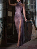 Abito da sera lungo viola romantico con paillettes e spacco laterale Abito da ballo lungo Y8409
