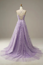 Abiti da sera eleganti color lavanda a linea con applicazioni per feste Vestito da sera Y1129