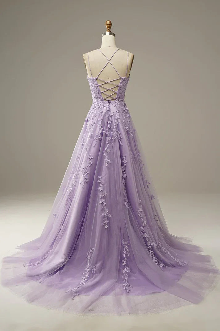 Abiti da sera eleganti color lavanda a linea con applicazioni per feste Vestito da sera Y1129
