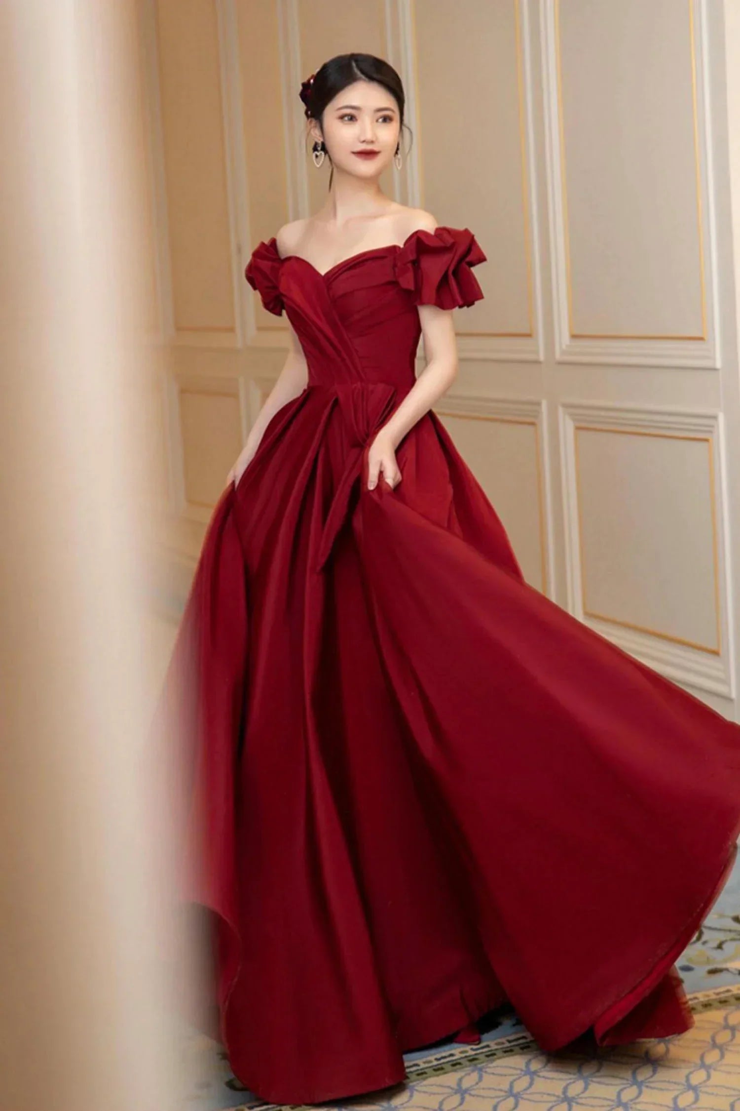 Vestido longo de cetim bordô para baile, vestido de noite em linha A Y1658