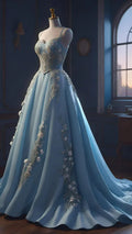 Vestido de Festa Azul com Alças Finas de Espaguete, Aplicações em Cetim, Corte em A, Comprido Y8396