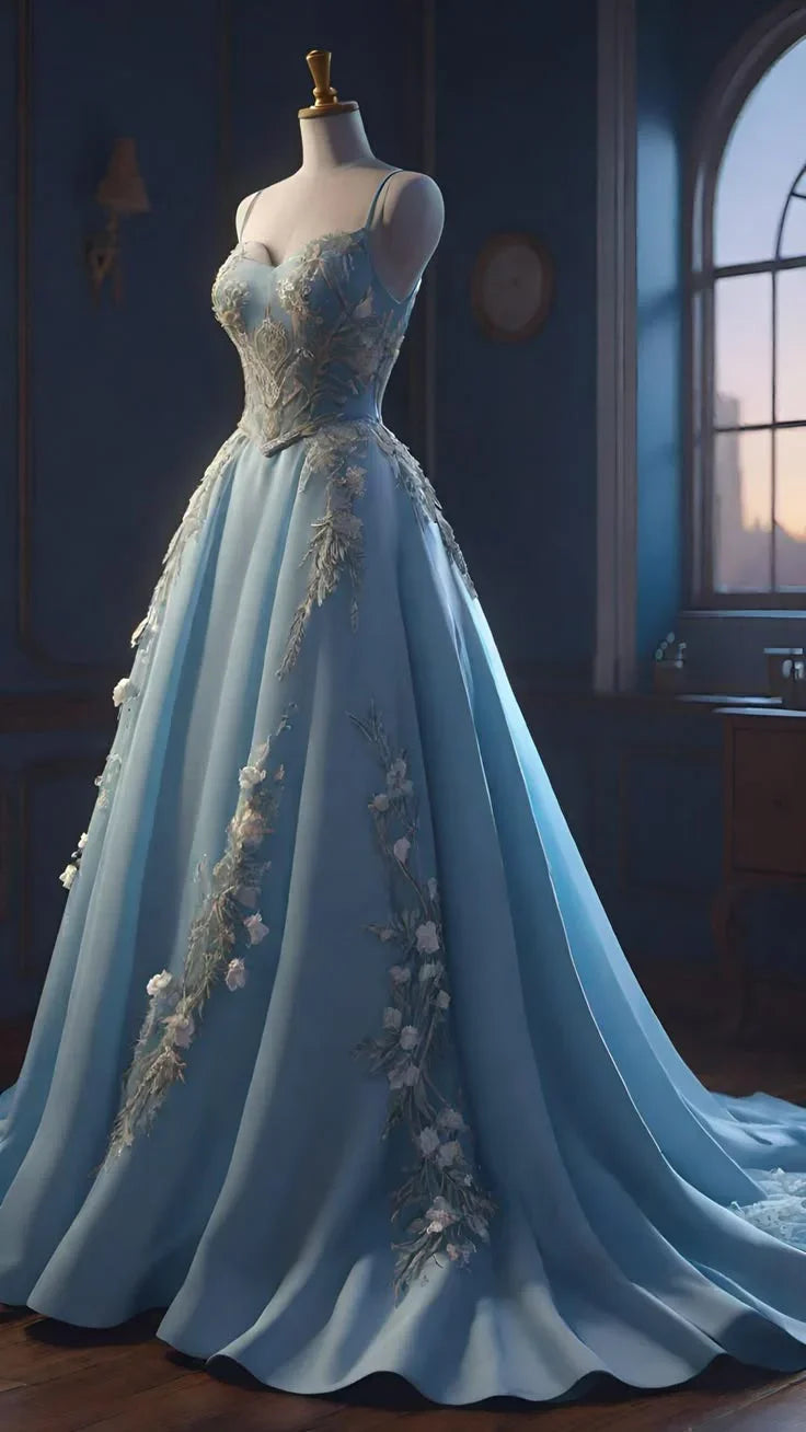 Vestido de Festa Azul com Alças Finas de Espaguete, Aplicações em Cetim, Corte em A, Comprido Y8396