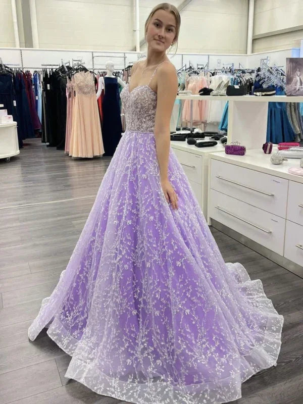 Vestidos longos de baile com decote coração e costas abertas em renda roxa, Vestidos formais em renda roxa, Vestidos de noite roxos Y1730