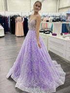 Vestidos longos de baile com decote coração e costas abertas em renda roxa, Vestidos formais em renda roxa, Vestidos de noite roxos Y1730