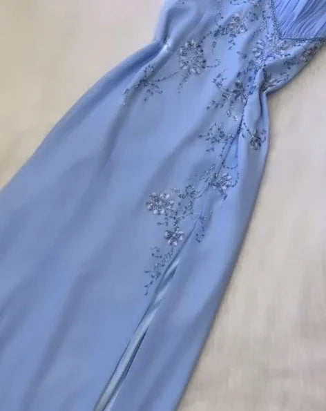 Abito lungo da sera a linea ad A con collo all'americana blu, elegante, decorato con perline, abito formale da festa Y7562