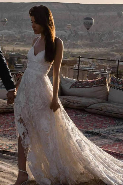Roycebridal Bezauberndes Elfenbein-Boho-Spitzen-Brautkleid mit langem Strand-Stil, MW263