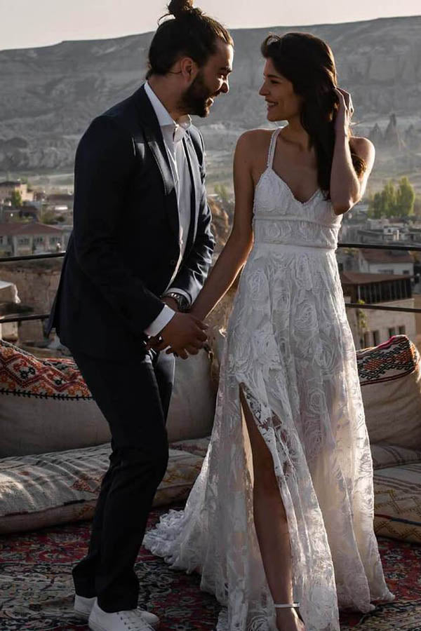 Roycebridal Bezauberndes Elfenbein-Boho-Spitzen-Brautkleid mit langem Strand-Stil, MW263