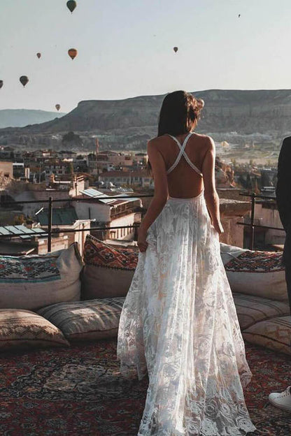 Roycebridal Bezauberndes Elfenbein-Boho-Spitzen-Brautkleid mit langem Strand-Stil, MW263