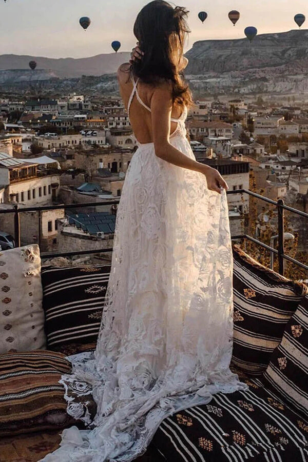 Roycebridal Bezauberndes Elfenbein-Boho-Spitzen-Brautkleid mit langem Strand-Stil, MW263