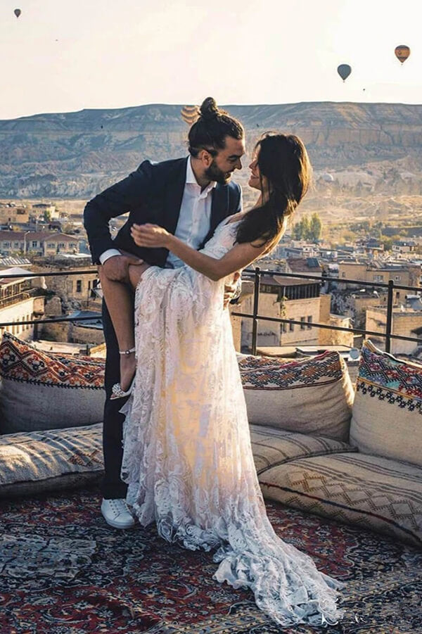 Roycebridal Bezauberndes Elfenbein-Boho-Spitzen-Brautkleid mit langem Strand-Stil, MW263