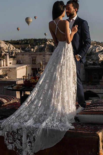 Roycebridal Bezauberndes Elfenbein-Boho-Spitzen-Brautkleid mit langem Strand-Stil, MW263