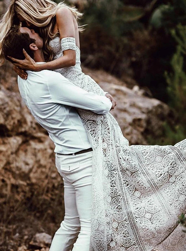 Roycebridal Sweetheart Neck Lace Beach Elfenbein Rustikal Boho Brautkleider