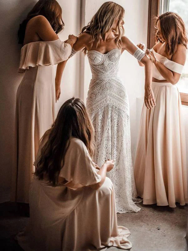 Roycebridal Sweetheart Neck Lace Beach Elfenbein Rustikal Boho Brautkleider